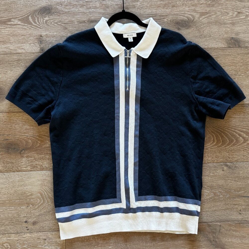 Reiss Men's Half Zip Textured Colorblock Polo Navy White XL X-Large $200